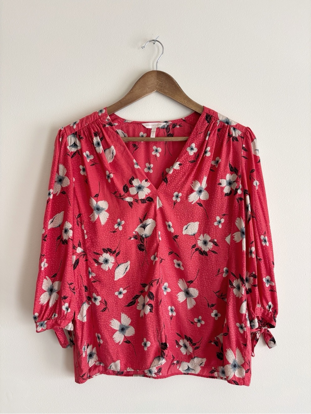 Rebecca Taylor Coral & White Daniella Floral Tie Sleeve Silk Blouse Sz 2